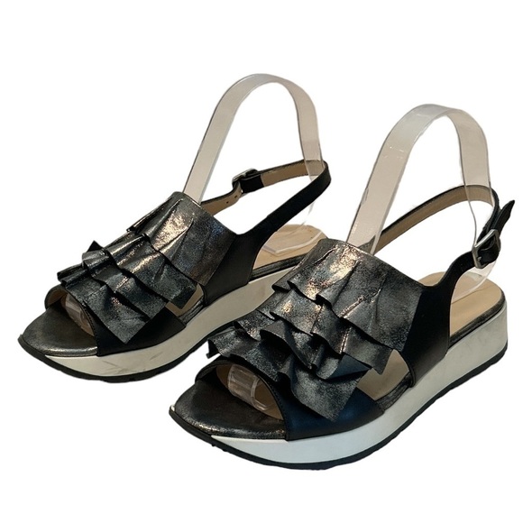 Michele Lopriore Milano Silver Ruffle Black Leather Sandals Platform US 6.5 - Picture 7 of 7